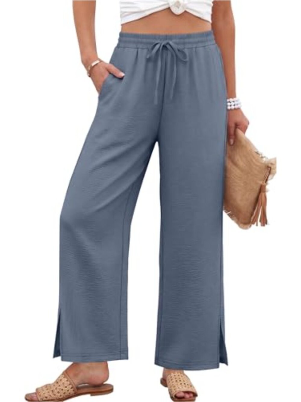 Wide Leg Palazzo Lounge Pants Elastic Waist Drawstring Side Pockets